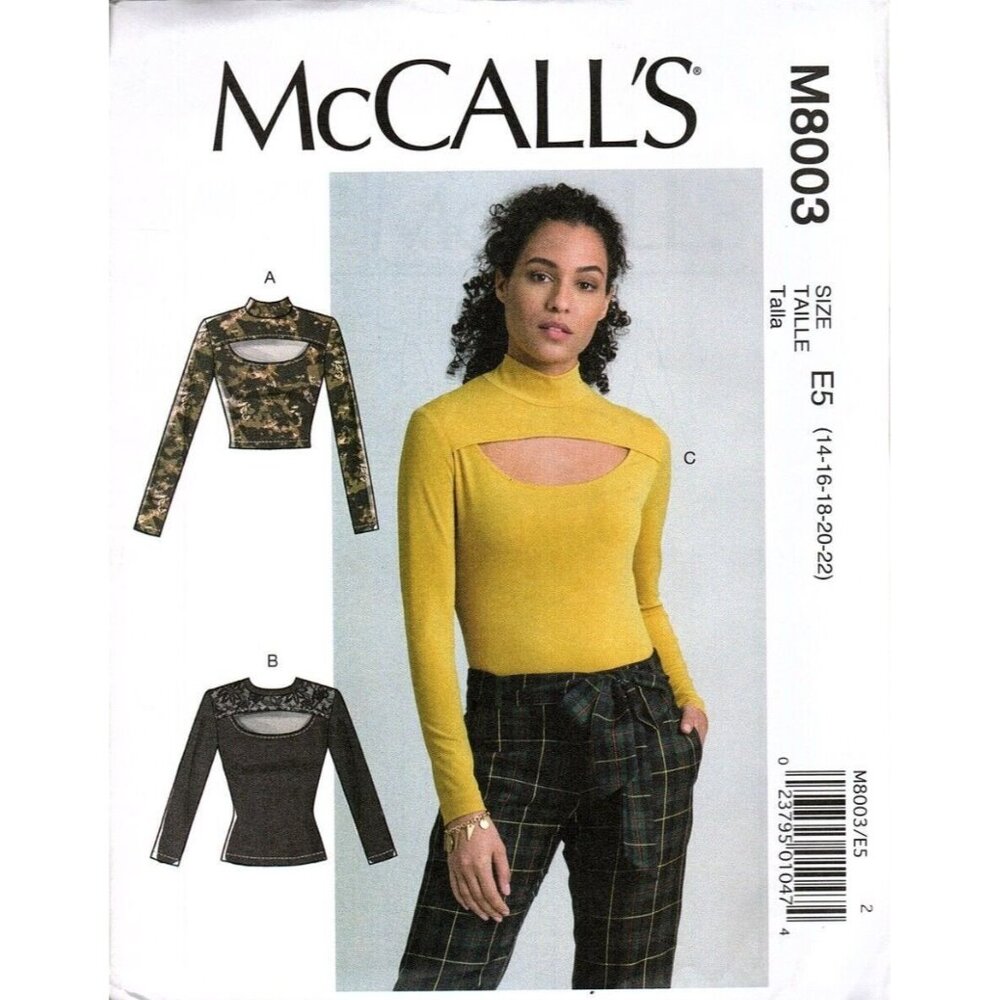 McCall's M8003 Misses 14 to 22 Cutout Tops and Bodysuit Uncut Sewing Pattern New